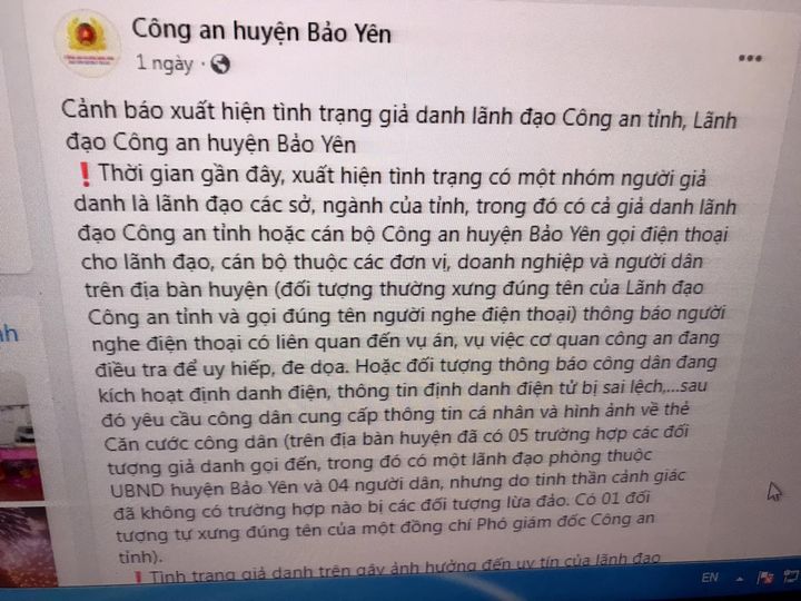 Lào Cai: Cảnh báo tình trạng gọi điện giả danh lãnh đạo công an tỉnh, huyện