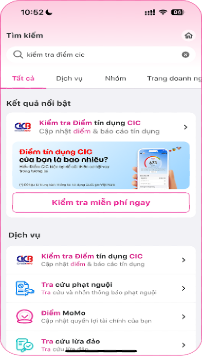 Miễn phí cập nhật điểm tín dụng tháng mới cho người dân trực tiếp trên MoMo